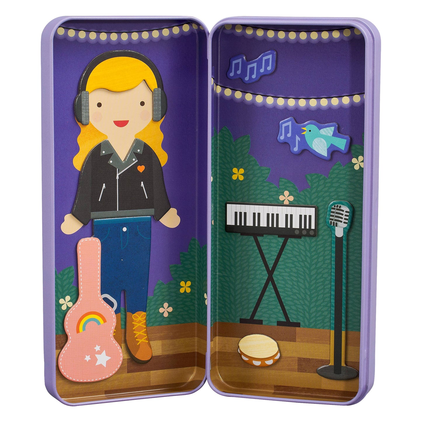 Inside view of the magnetic tin showing the character dressed up with a keyboard, microphone, and stage backdrop.