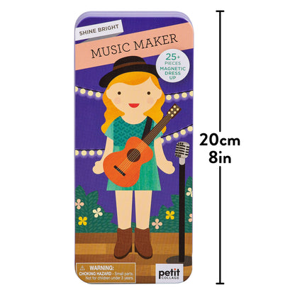 Size chart showing the Music Maker magnetic travel tin dimensions of 20 centimeters or 8 inches high.