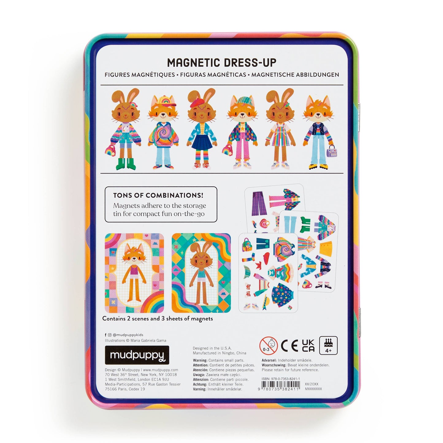 Back of the Mudpuppy packaging displaying the toy's play components, fashion mix-and-match examples, and details.