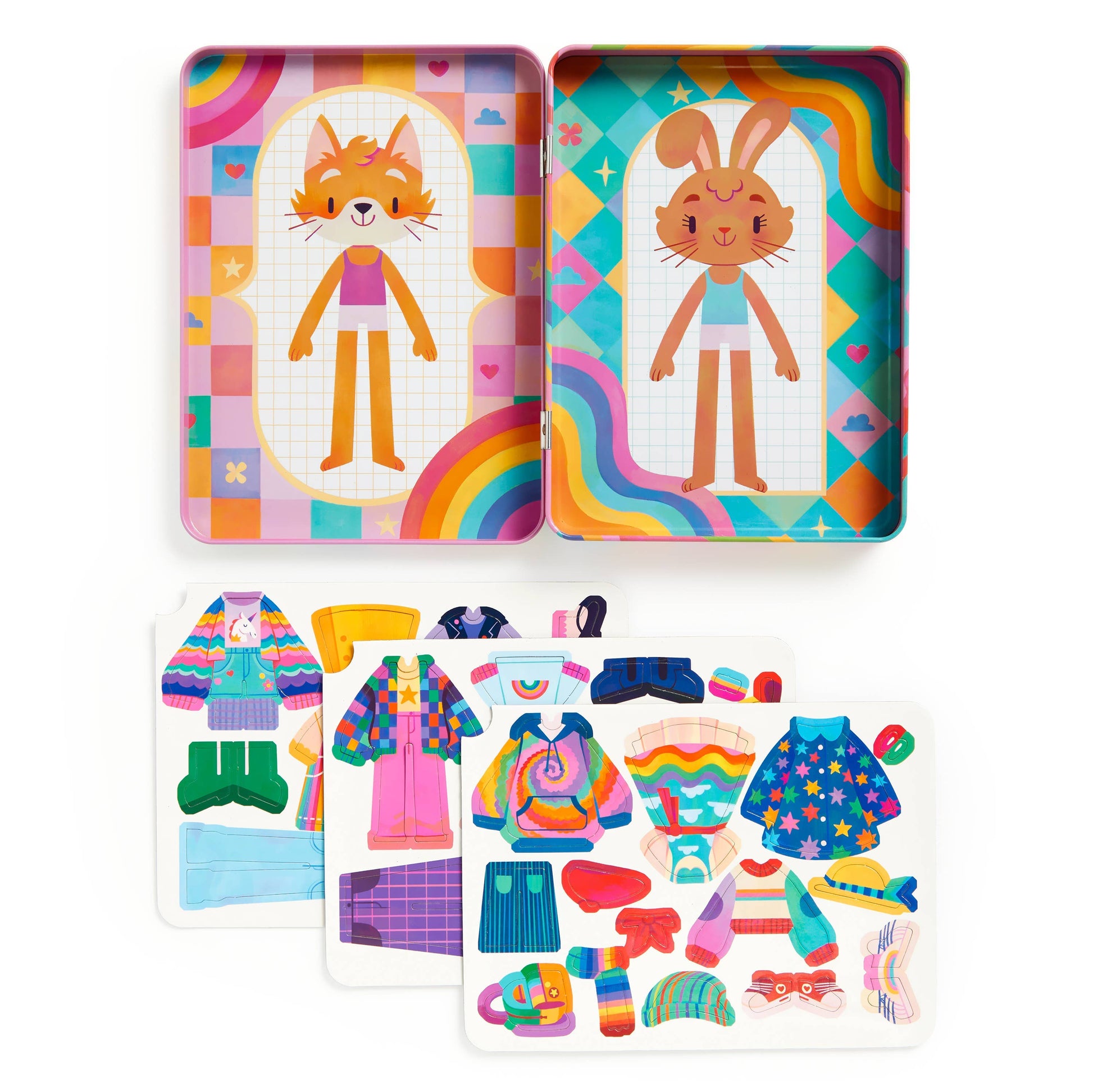 Open travel tin showing two animal characters and mixed outfit combinations for creative magnetic dress-up play.