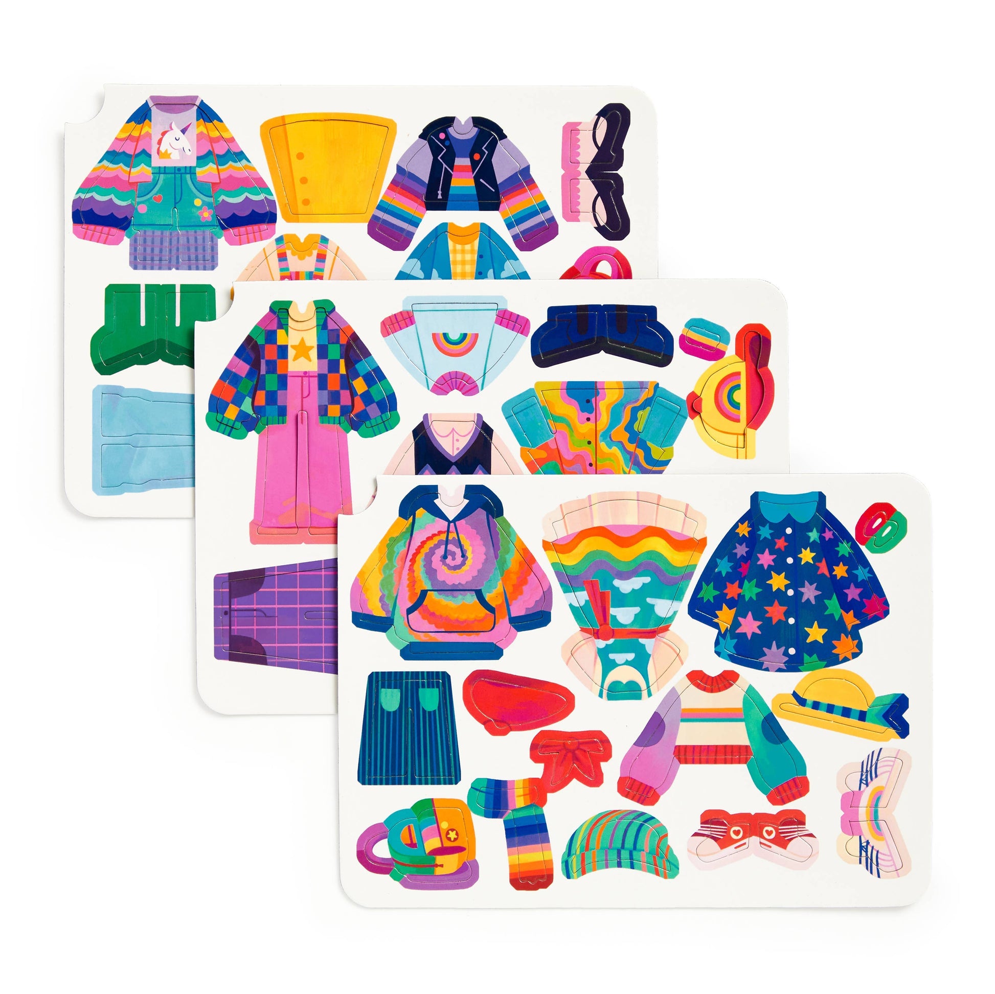 Over 45 included colorful magnetic clothes and accessory pieces laid out for an imaginative screen-free activity.