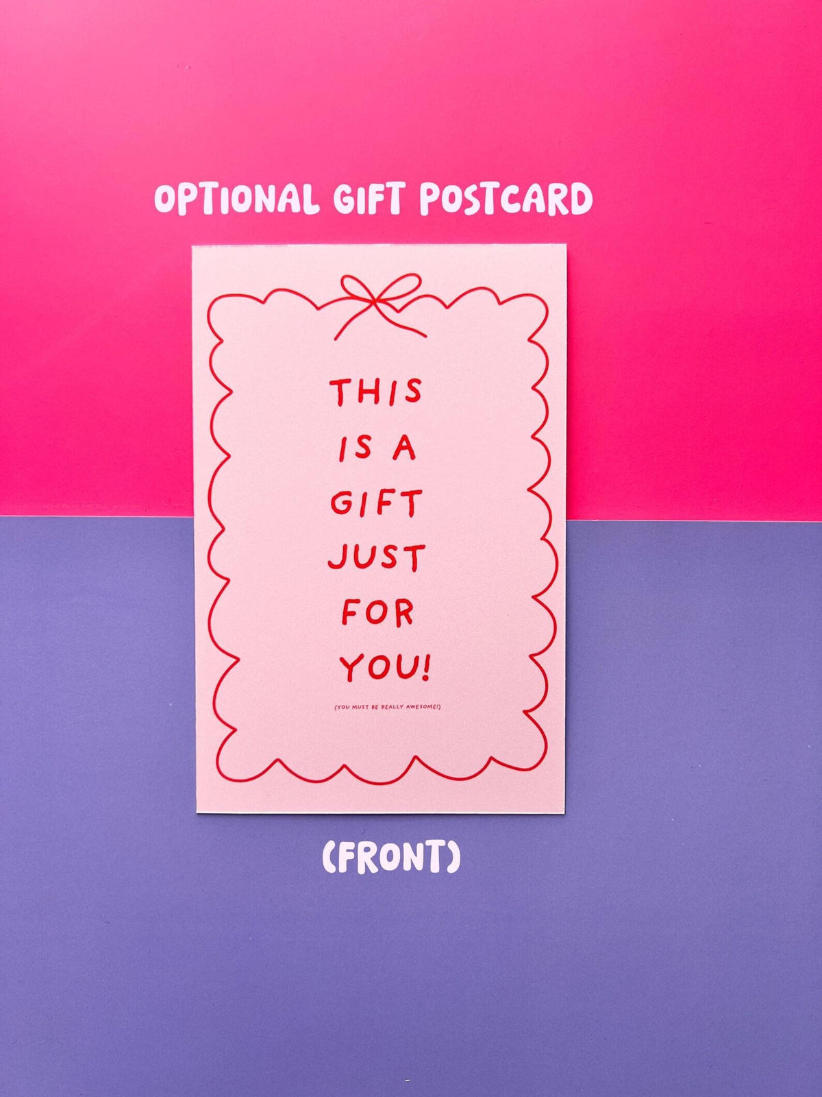 Optional pink gift postcard front reading This Is A Gift Just For You for a personalized young readers care package.