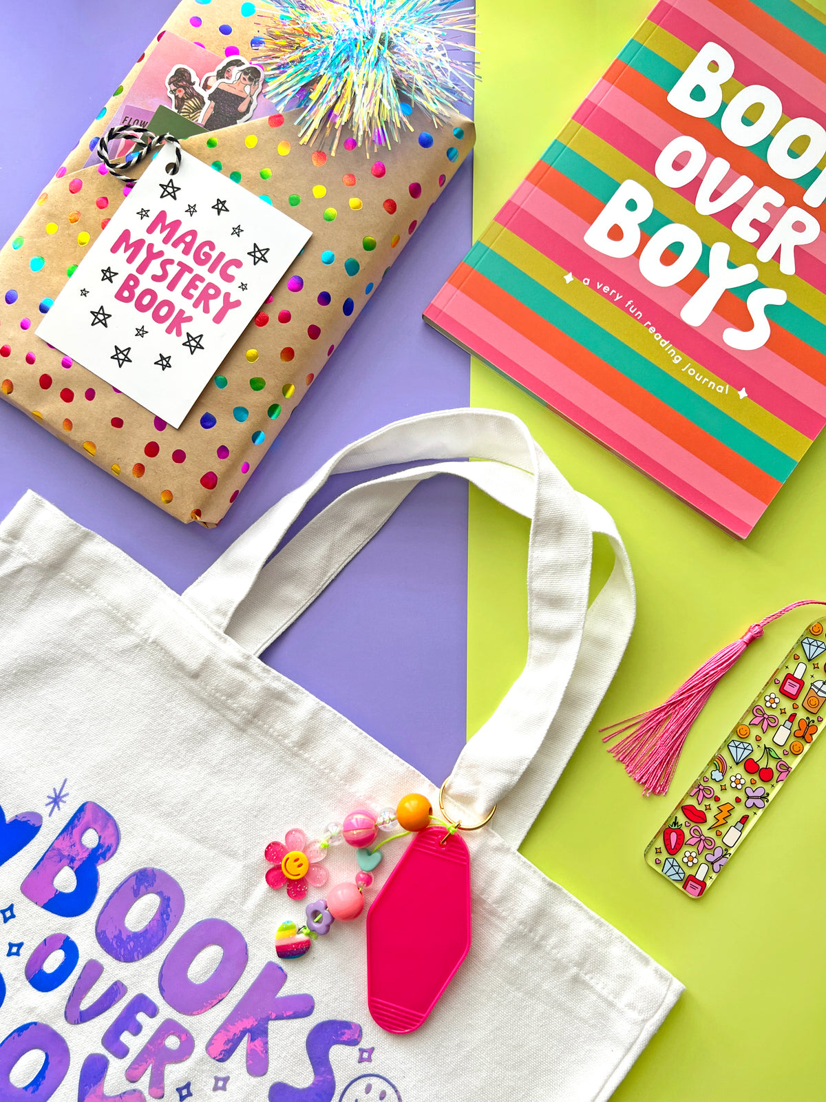 Reading journal and mystery book gift for girls with Books Over Boys tote, acrylic bookmark and bookish accessories